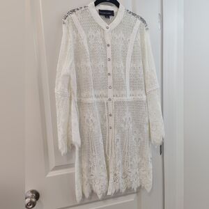 Colleen Lopez Womens White Lace Drawstring Crystal Buttons Coverup Tunic Top PXL